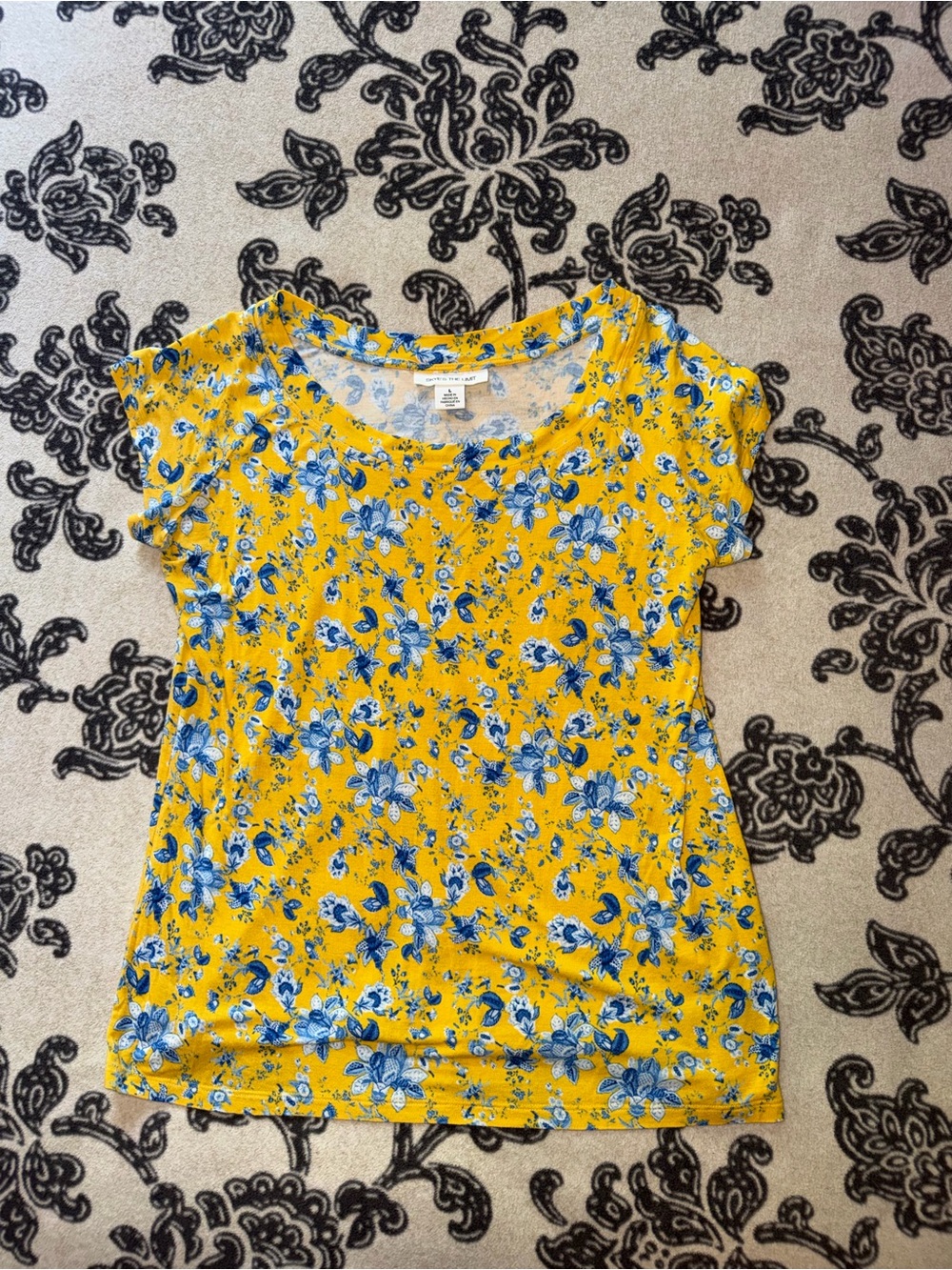 Yellow Floral Scoop Neck Top with Blue Print - Women